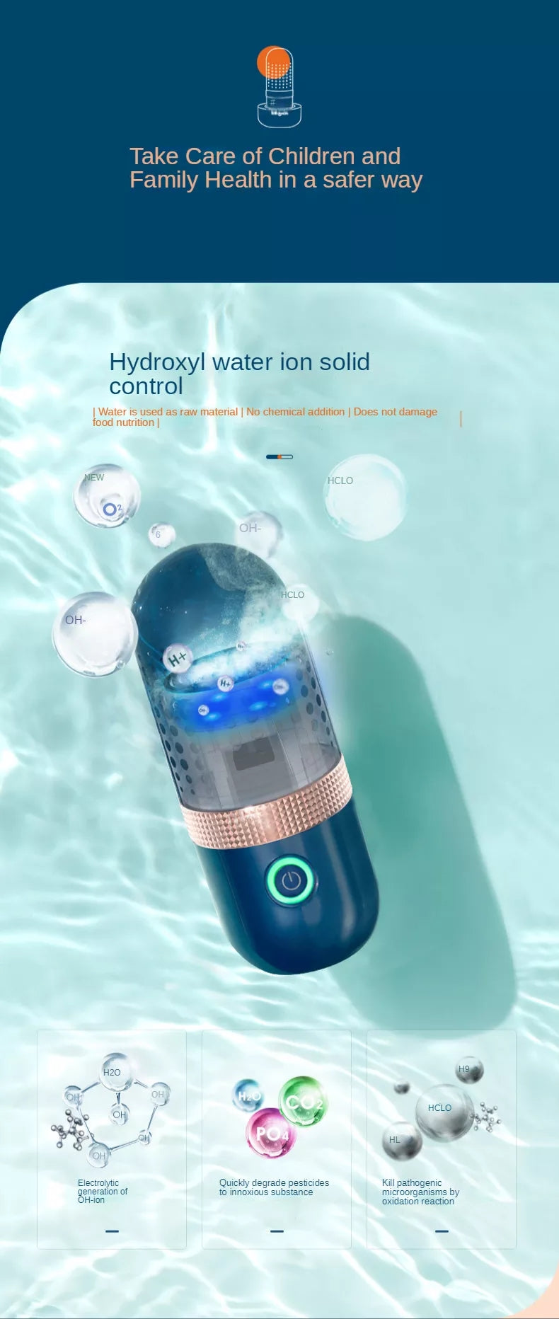 Capsule style portable waterproof wireless food purifier for fruits and vegetables